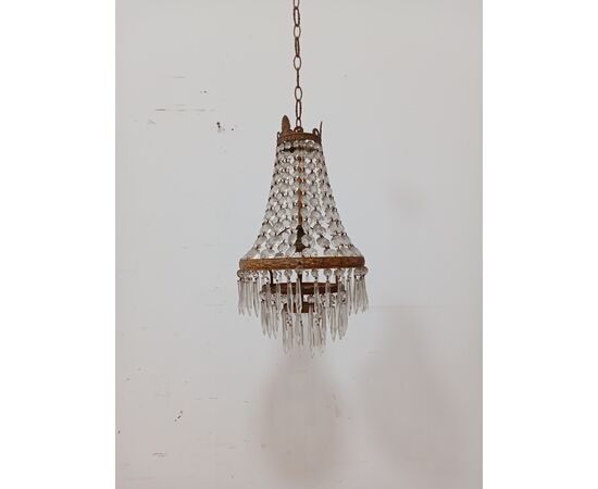 Lampadario stile Impero - mongolfiera con cristalli in vetro ed ottone -metà 900
