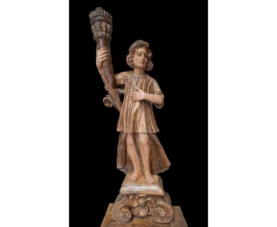 Bella coppia di angeli cerofori in legno policromo Italia Centrale XVI secolo
