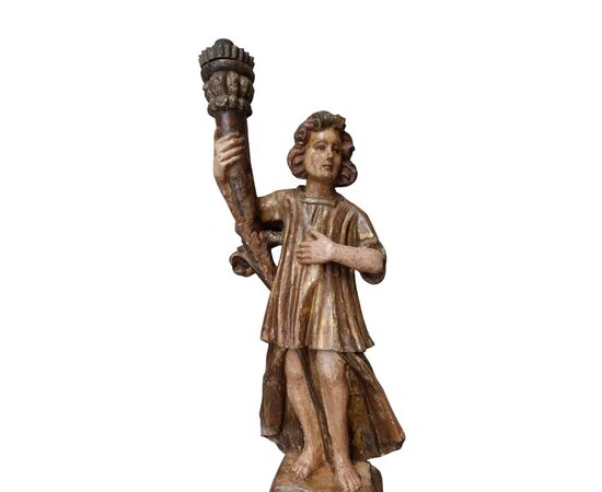 Bella coppia di angeli cerofori in legno policromo Italia Centrale XVI secolo