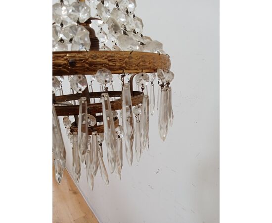 Lampadario stile Impero - mongolfiera con cristalli in vetro ed ottone -metà 900
