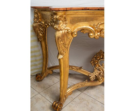 Consolle antica Luigi Filippo Napoletana in legno dorato e intagliato con piano in marmo rosso. Periodo XIX secolo.