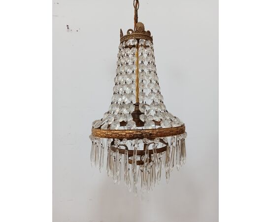 Lampadario stile Impero - mongolfiera con cristalli in vetro ed ottone -metà 900