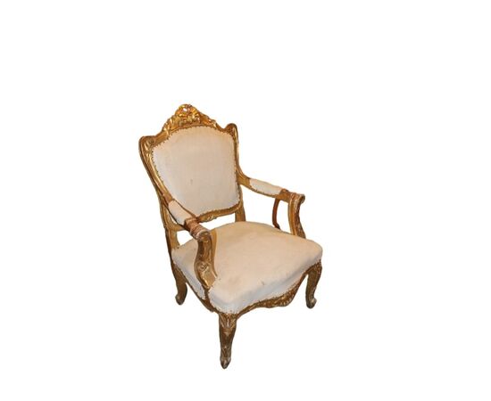 Coppia di poltrone francesi Luigi XV – Seconda metà '800, legno dorato a foglia oro, da ritappezzare