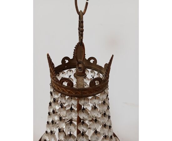 Lampadario stile Impero - mongolfiera con cristalli in vetro ed ottone -metà 900