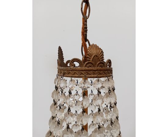 Lampadario stile Impero - mongolfiera con cristalli in vetro ed ottone -metà 900