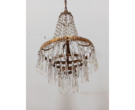 Lampadario stile Impero - mongolfiera con cristalli in vetro ed ottone -metà 900