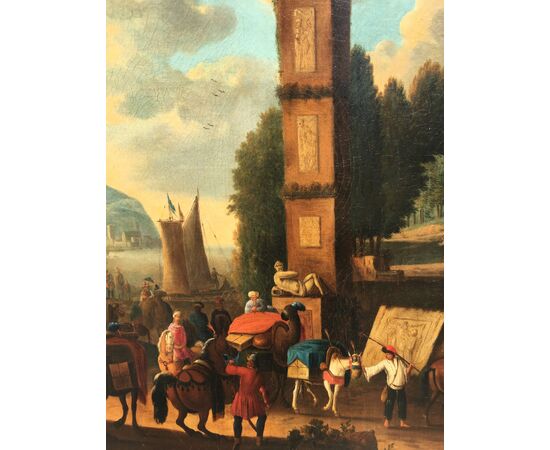 Anonimo fiammingo del XVIII secolo, "Veduta di porto con obelisco"