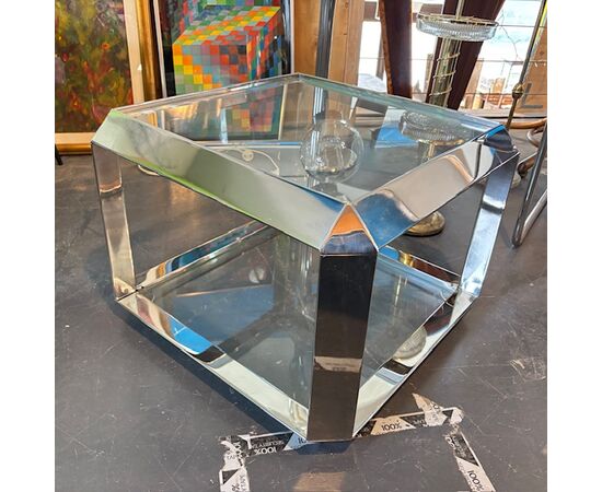 Coffee table anni 70  designer Rosselli Alberto per Saporti. Metallo cromato 55 x 55. h 40 