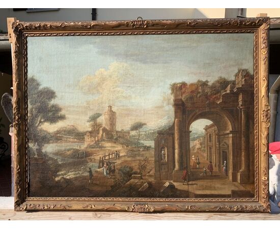 Francesco Battaglioli (Modena 1710 ca. - Venezia post 1796) - Capriccio architettonico con personaggi.