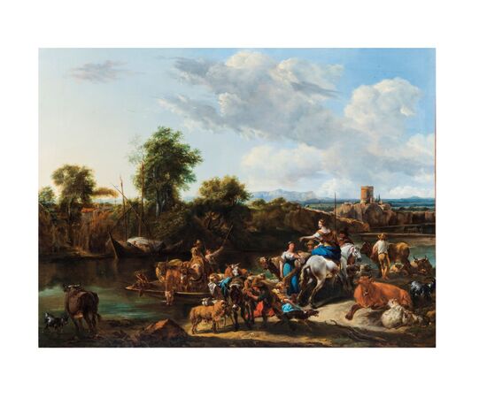 Nicolaes Berchem "Il passaggio del fiume dei pastori con gli armenti", 1655 c.a