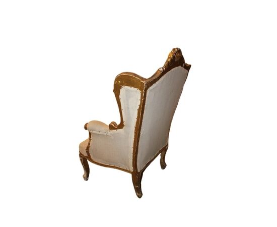 Coppia di poltrone francesi Luigi XV con "orecchie" – Seconda metà '800, legno dorato a foglia oro