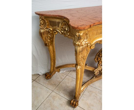 Consolle antica Luigi Filippo Napoletana in legno dorato e intagliato con piano in marmo rosso. Periodo XIX secolo.