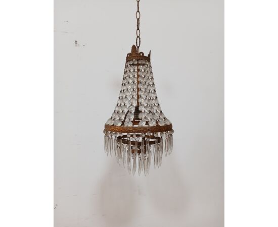 Lampadario stile Impero - mongolfiera con cristalli in vetro ed ottone -metà 900