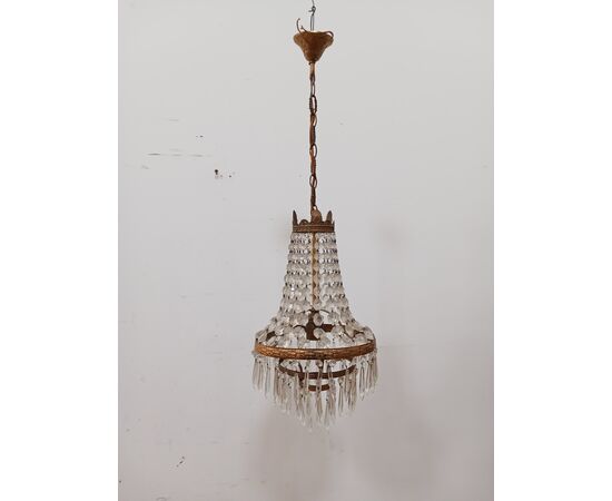 Lampadario stile Impero - mongolfiera con cristalli in vetro ed ottone -metà 900