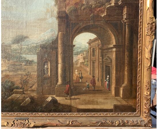 Francesco Battaglioli (Modena 1710 ca. - Venezia post 1796) - Capriccio architettonico con personaggi.