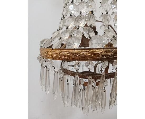 Lampadario stile Impero - mongolfiera con cristalli in vetro ed ottone -metà 900
