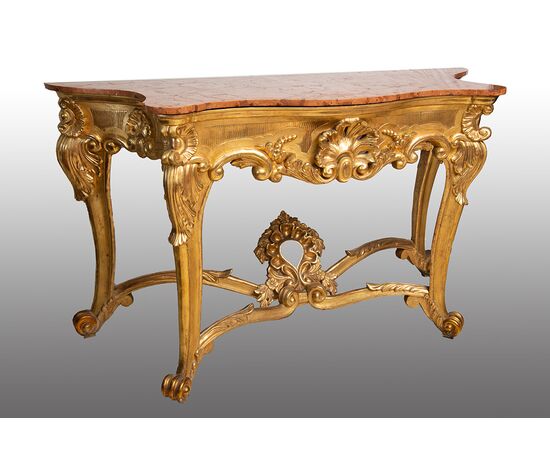 Consolle antica Luigi Filippo Napoletana in legno dorato e intagliato con piano in marmo rosso. Periodo XIX secolo.