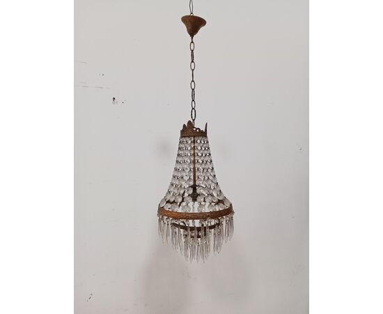 Lampadario stile Impero - mongolfiera con cristalli in vetro ed ottone -metà 900
