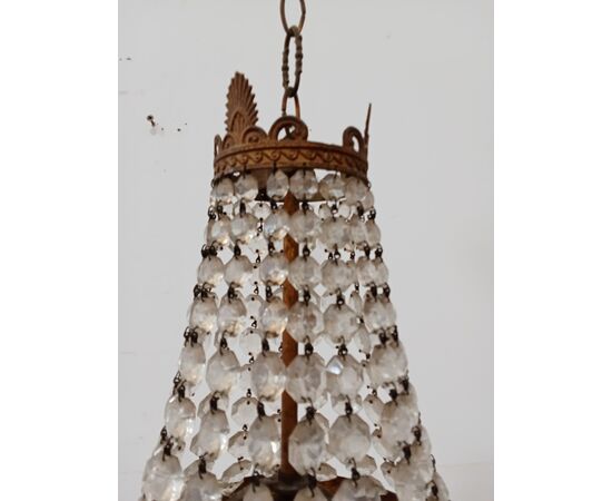 Lampadario stile Impero - mongolfiera con cristalli in vetro ed ottone -metà 900