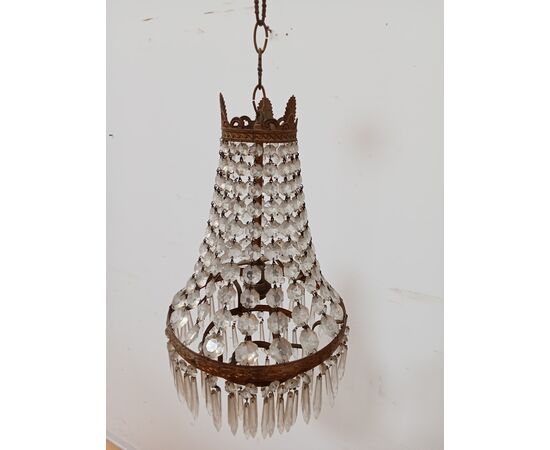 Lampadario stile Impero - mongolfiera con cristalli in vetro ed ottone -metà 900