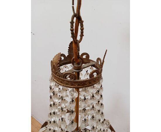 Lampadario stile Impero - mongolfiera con cristalli in vetro ed ottone -metà 900