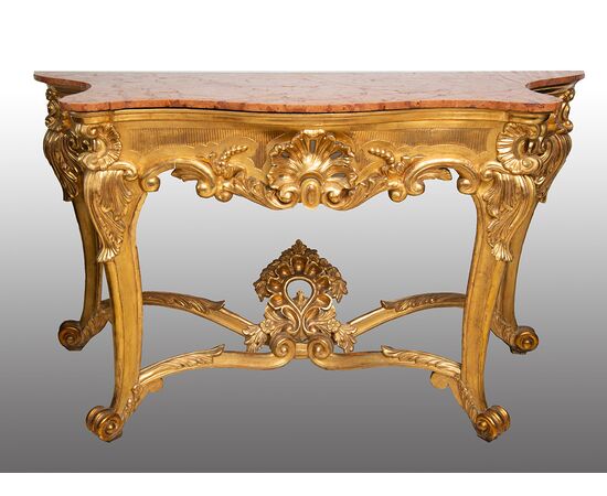 Consolle antica Luigi Filippo Napoletana in legno dorato e intagliato con piano in marmo rosso. Periodo XIX secolo.