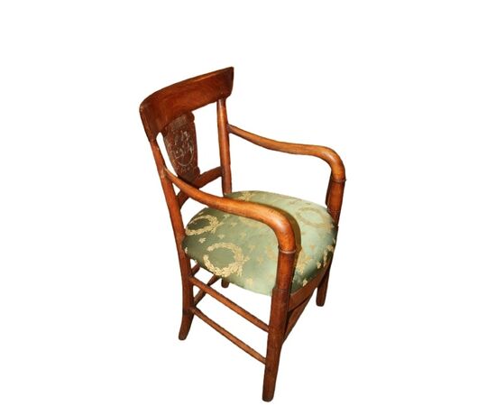 Coppia di poltrone francesi stile Impero – Metà '800, noce intagliato, seduta verde con decori oro