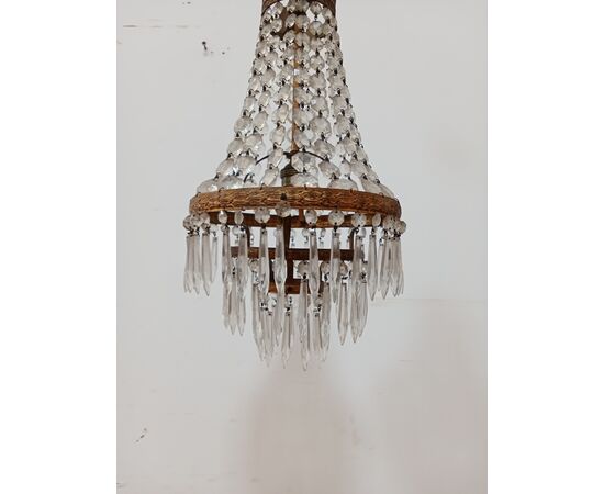 Lampadario stile Impero - mongolfiera con cristalli in vetro ed ottone -metà 900