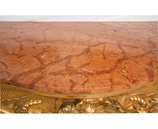 Consolle antica Luigi Filippo Napoletana in legno dorato e intagliato con piano in marmo rosso. Periodo XIX secolo.
