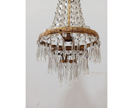 Lampadario stile Impero - mongolfiera con cristalli in vetro ed ottone -metà 900