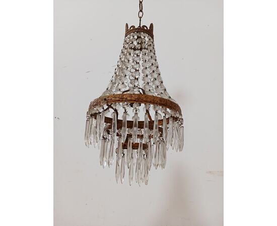 Lampadario stile Impero - mongolfiera con cristalli in vetro ed ottone -metà 900