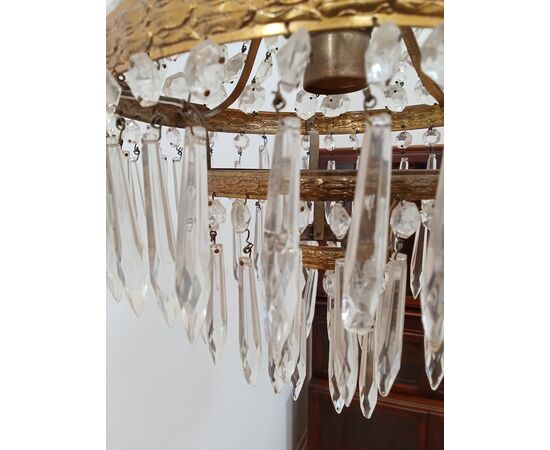 Lampadario stile Impero - mongolfiera con cristalli in vetro ed ottone -metà 900