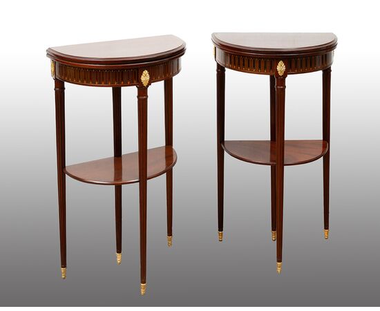 Pair of antique demilune Napoleon III mahogany game tables. France, 19th century.