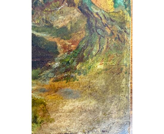 Antico dipinto olio su tela, primi '800, paesaggio, 41x36 cm