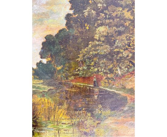 Antico dipinto olio su tela, primi '800, paesaggio, 41x36 cm