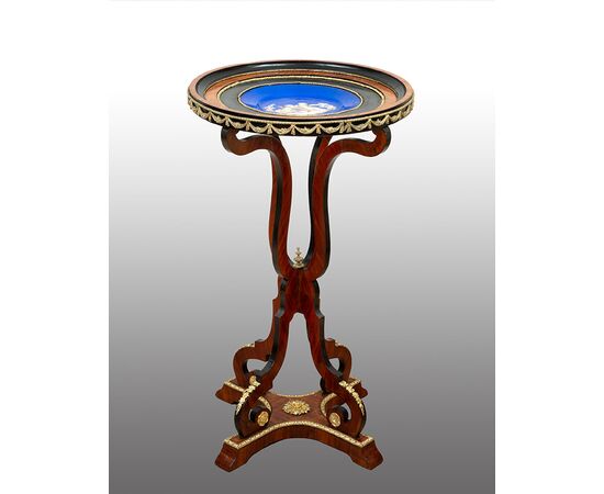 Antique Napoleon III table in precious exotic woods with a Sevres porcelain top. France, 19th century.