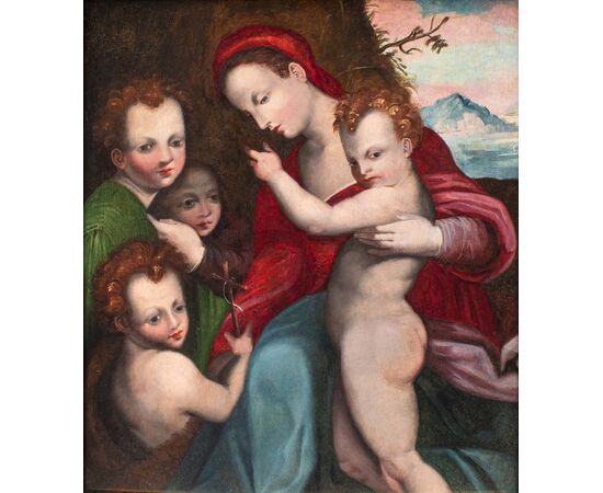Seguace di Andrea del Sarto (Firenze, 16 luglio 1486 – Firenze, 29 settembre 1530), Madonna con Bambino, San Giovannino e due Angeli