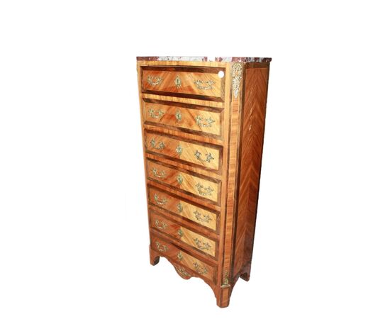 Settimino francese della seconda metà del 1800 Stile Napoleone III con marmo e applicazioni in bronzo 7 cassetti