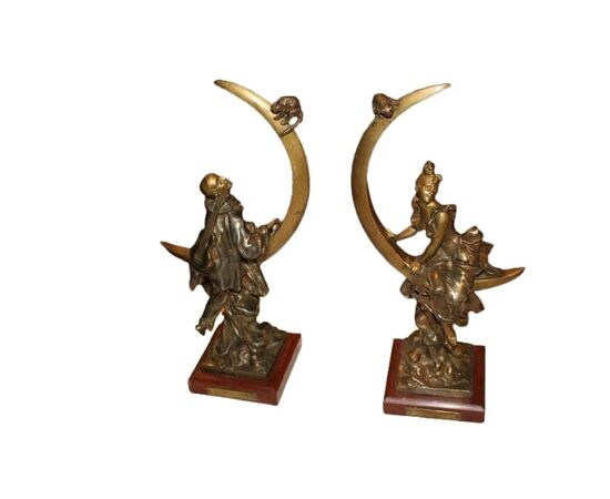 Coppia di sculture francesi in bronzo – Pierrot e fanciulla, seconda metà '800