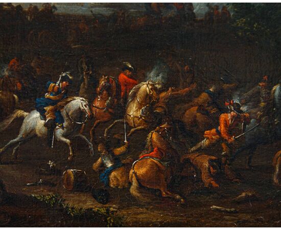 Arnoldo Francesco Rubens (Anversa, 1687-1719), Battaglia con cavalieri in un paesaggio fluviale