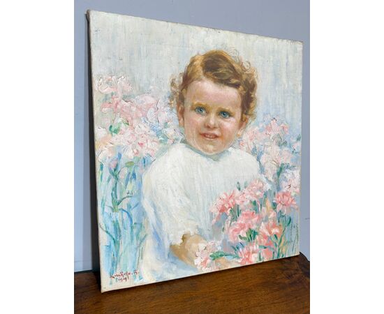 Antico dipinto di gusto Liberty, bambina con fiori, firmato, 75x73 cm