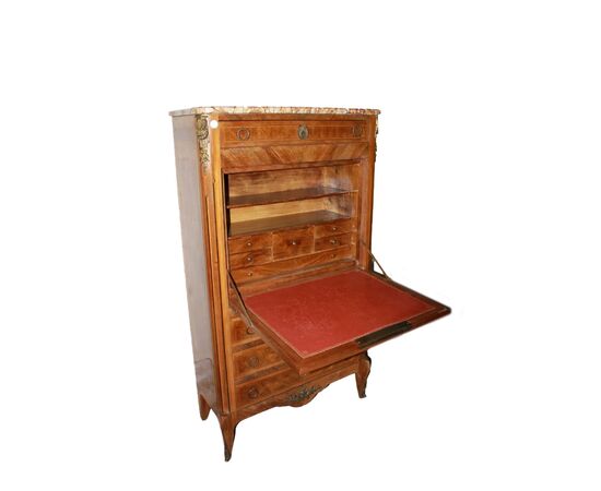 Secretaire francese stile Transizione in legno di Bois de rose con marmo e bronzi XIX secolo