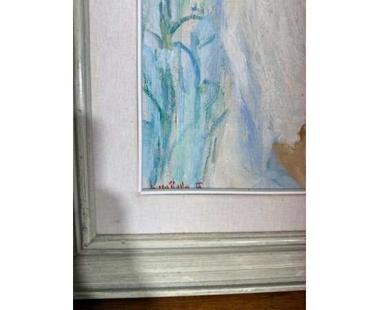 Antico dipinto di gusto Liberty, bambina con fiori, firmato, 75x73 cm