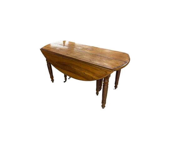 Tavolo Con Alette Ovale del 1800 Allungabile in Legno di Noce Stile Luigi Filippo Rustico