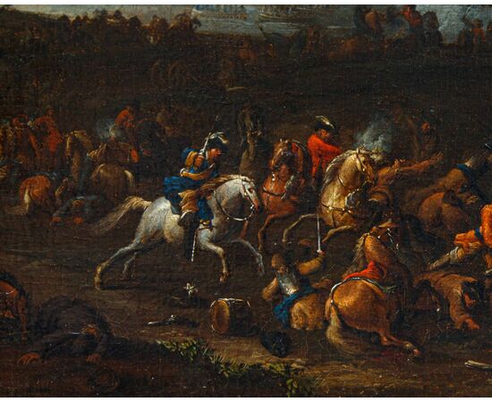 Arnoldo Francesco Rubens (Anversa, 1687-1719), Battaglia con cavalieri in un paesaggio fluviale