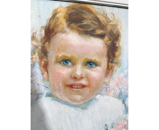Antico dipinto di gusto Liberty, bambina con fiori, firmato, 75x73 cm