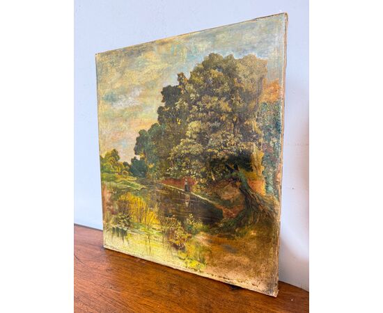 Antico dipinto olio su tela, primi '800, paesaggio, 41x36 cm