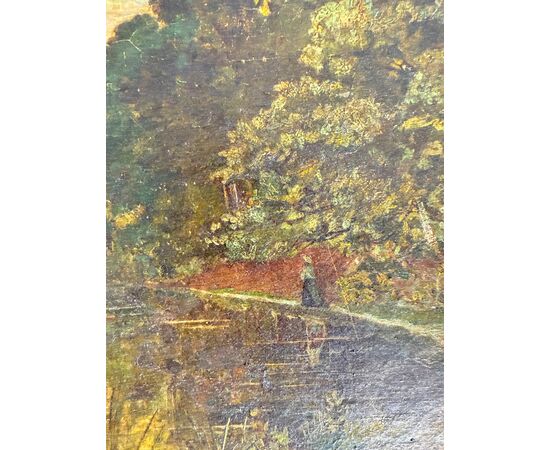 Antico dipinto olio su tela, primi '800, paesaggio, 41x36 cm