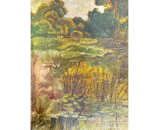 Antico dipinto olio su tela, primi '800, paesaggio, 41x36 cm