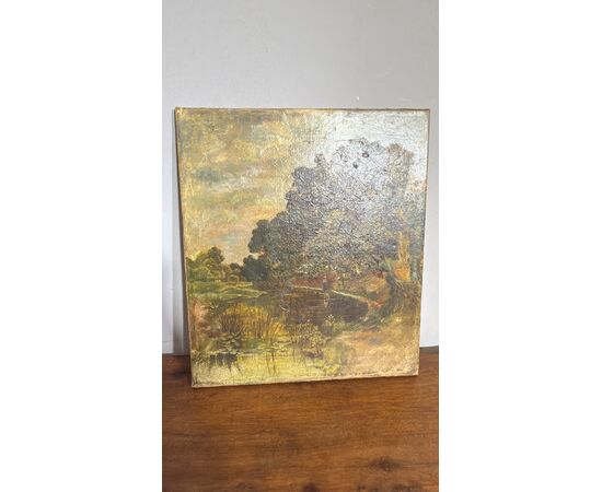 Antico dipinto olio su tela, primi '800, paesaggio, 41x36 cm